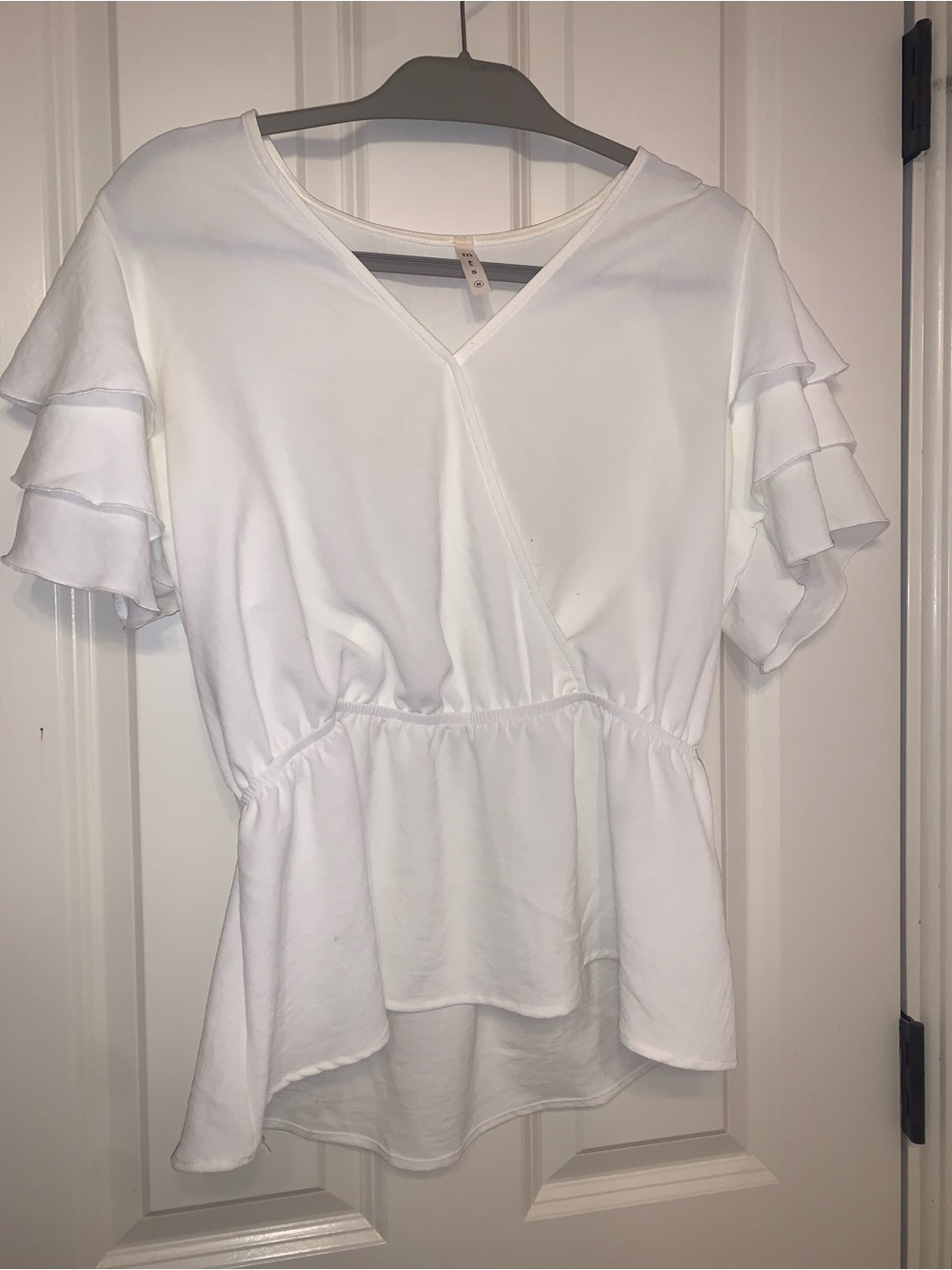 mts White V-Neck Peplum Top with Tiered Ruffle Sleeves
